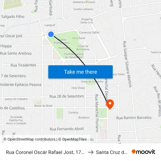 Rua Coronel Oscár Rafael Jost, 1702-1768 to Santa Cruz do Sul map