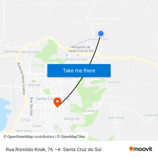 Rua Romildo Knak, 76 to Santa Cruz do Sul map