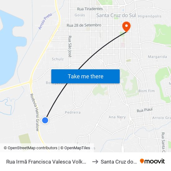 Rua Irmã Francisca Valesca Volkmer, 45 to Santa Cruz do Sul map