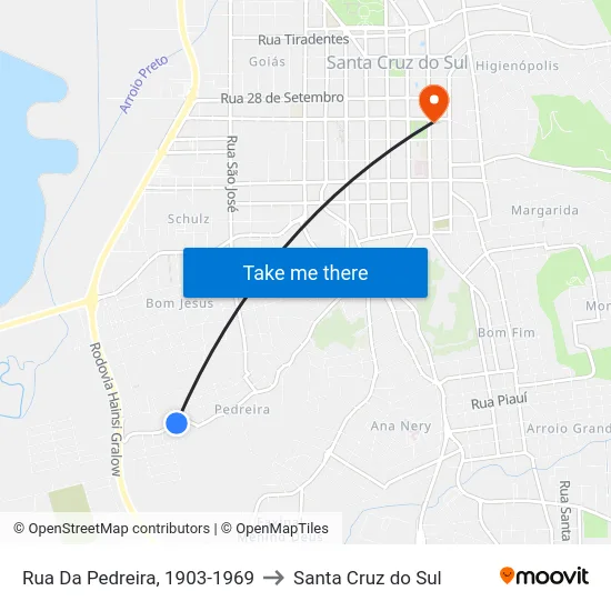 Rua Da Pedreira, 1903-1969 to Santa Cruz do Sul map