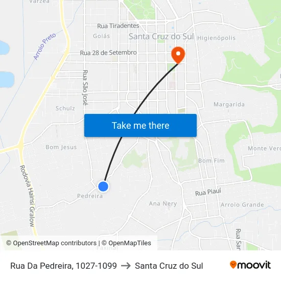 Rua Da Pedreira, 1027-1099 to Santa Cruz do Sul map