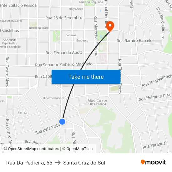 Rua Da Pedreira, 55 to Santa Cruz do Sul map