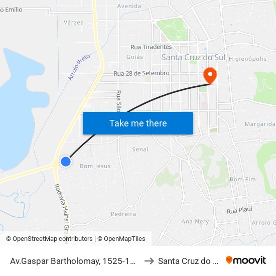Av.Gaspar Bartholomay, 1525-1599 to Santa Cruz do Sul map