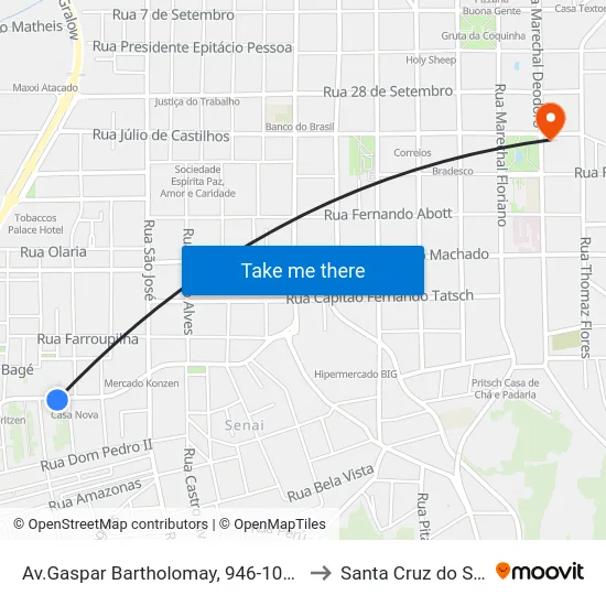 Av.Gaspar Bartholomay, 946-1036 to Santa Cruz do Sul map