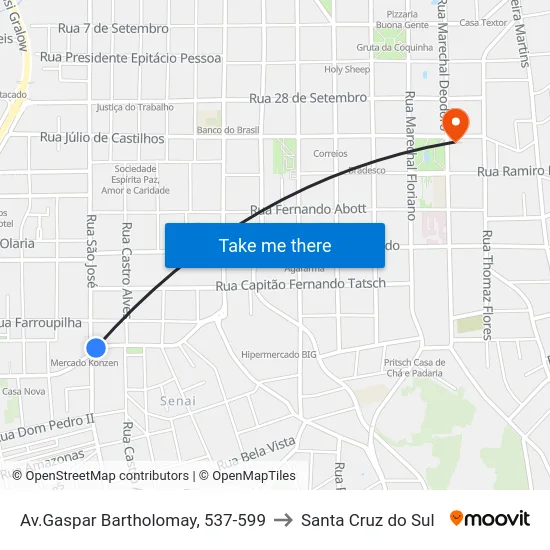 Av.Gaspar Bartholomay, 537-599 to Santa Cruz do Sul map