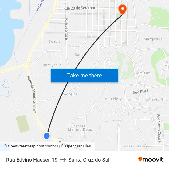 Rua Edvino Haeser, 19 to Santa Cruz do Sul map