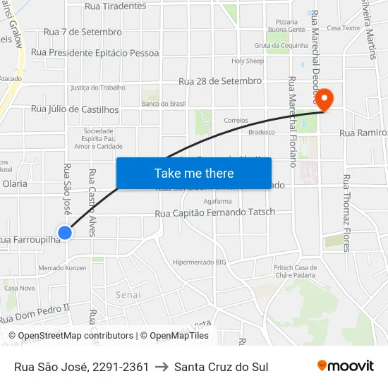 Rua São José, 2291-2361 to Santa Cruz do Sul map