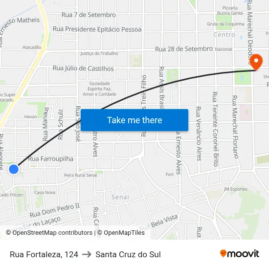 Rua Fortaleza, 124 to Santa Cruz do Sul map