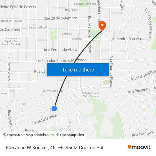 Rua José W Koelzer, 46 to Santa Cruz do Sul map