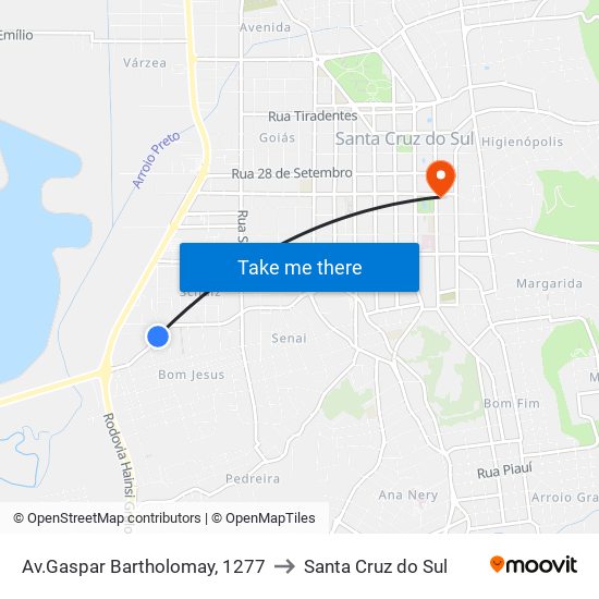 Av.Gaspar Bartholomay, 1277 to Santa Cruz do Sul map