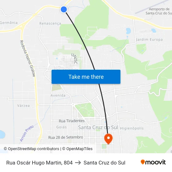 Rua Oscár Hugo Martin, 804 to Santa Cruz do Sul map