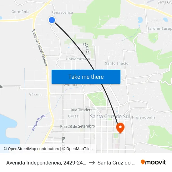 Avenida Independência, 2429-2447 to Santa Cruz do Sul map