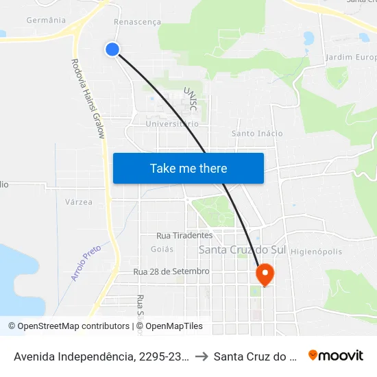 Avenida Independência, 2295-2347 to Santa Cruz do Sul map