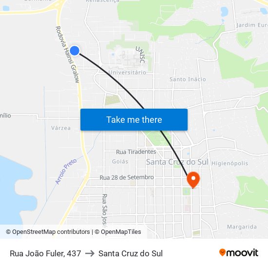 Rua João Fuler, 437 to Santa Cruz do Sul map