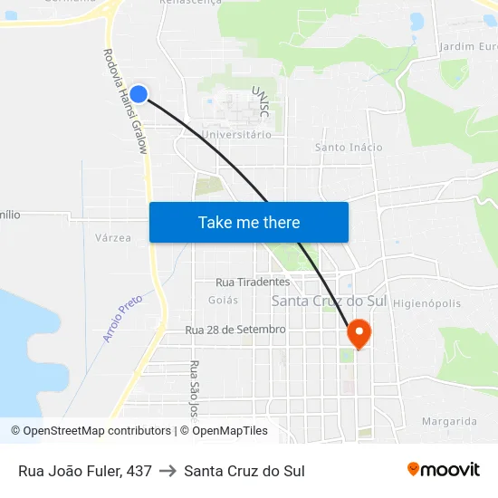 Rua João Fuler, 437 to Santa Cruz do Sul map