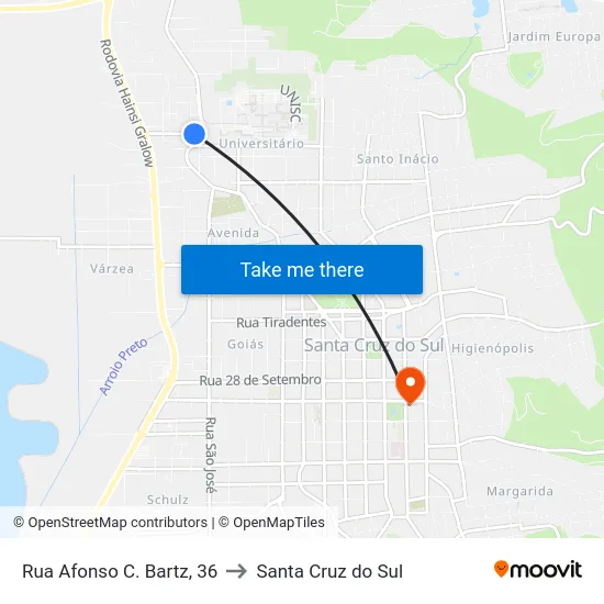 Rua Afonso C. Bartz, 36 to Santa Cruz do Sul map