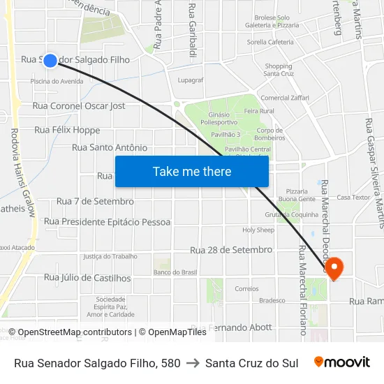 Rua Senador Salgado Filho, 580 to Santa Cruz do Sul map