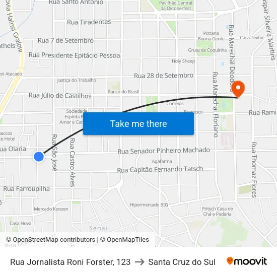 Rua Jornalista Roni Forster, 123 to Santa Cruz do Sul map
