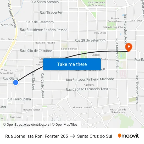 Rua Jornalista Roni Forster, 265 to Santa Cruz do Sul map