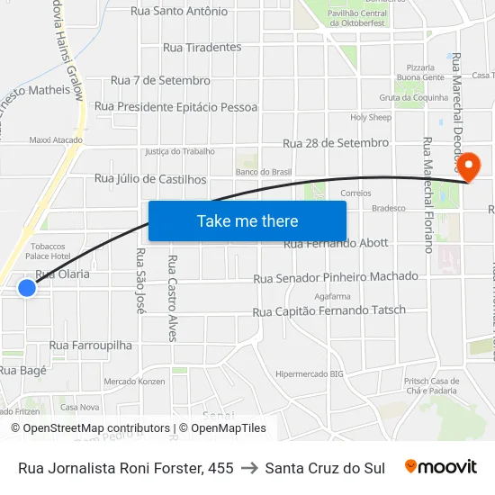 Rua Jornalista Roni Forster, 455 to Santa Cruz do Sul map