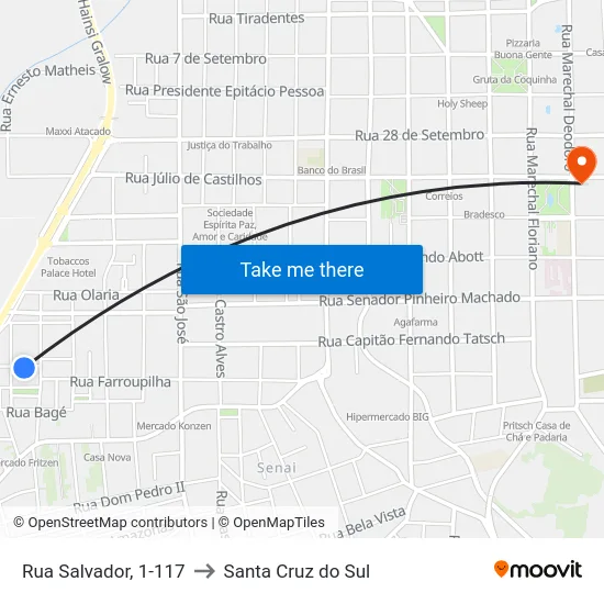 Rua Salvador, 1-117 to Santa Cruz do Sul map