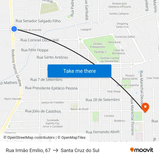 Rua Irmão Emílio, 67 to Santa Cruz do Sul map