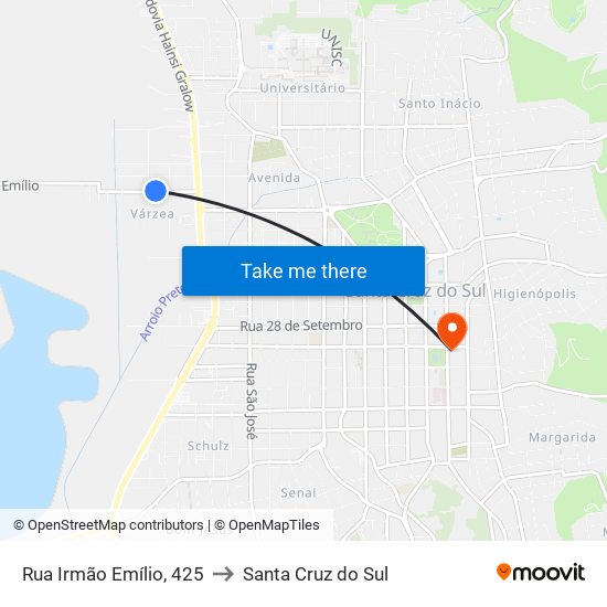 Rua Irmão Emílio, 425 to Santa Cruz do Sul map
