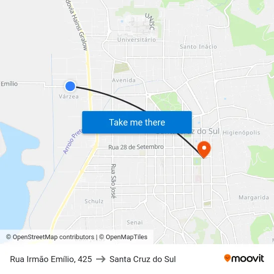 Rua Irmão Emílio, 425 to Santa Cruz do Sul map
