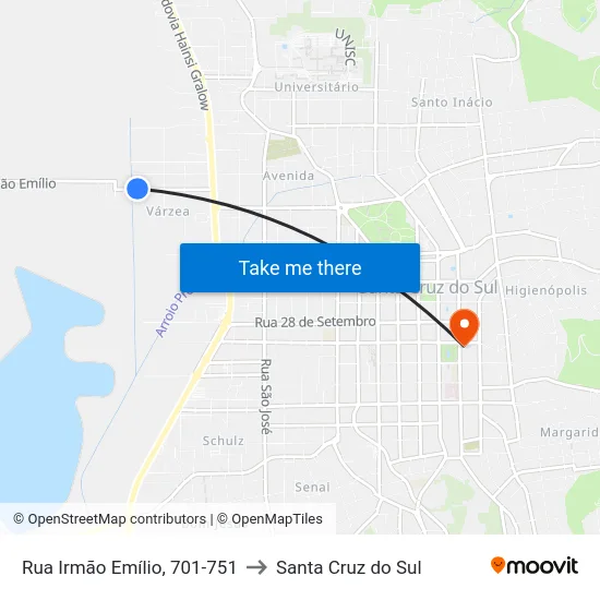 Rua Irmão Emílio, 701-751 to Santa Cruz do Sul map