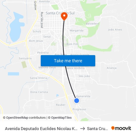 Avenida Deputado Euclides Nicolau Kliemann, 4553-4577 to Santa Cruz do Sul map