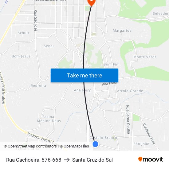 Rua Cachoeira, 576-668 to Santa Cruz do Sul map