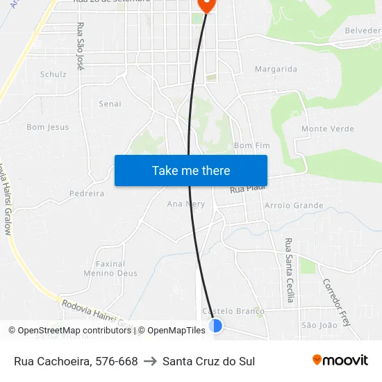 Rua Cachoeira, 576-668 to Santa Cruz do Sul map