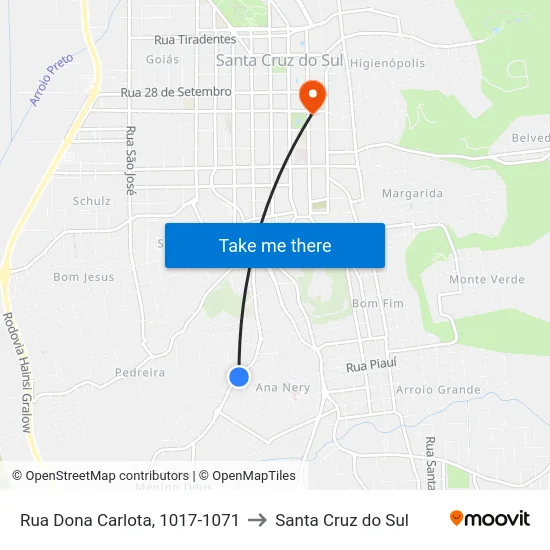 Rua Dona Carlota, 1017-1071 to Santa Cruz do Sul map