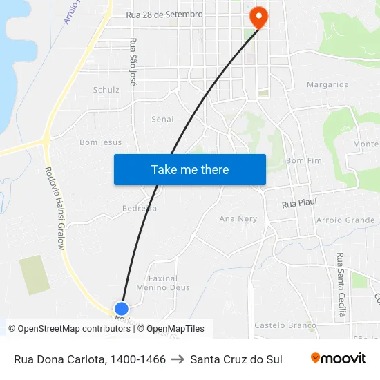 Rua Dona Carlota, 1400-1466 to Santa Cruz do Sul map
