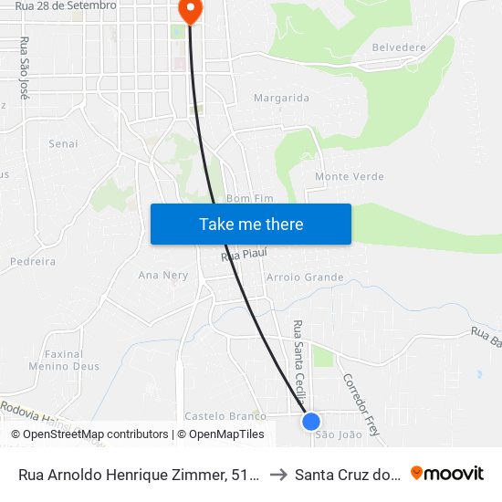 Rua Arnoldo Henrique Zimmer, 512-674 to Santa Cruz do Sul map