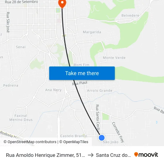 Rua Arnoldo Henrique Zimmer, 512-674 to Santa Cruz do Sul map
