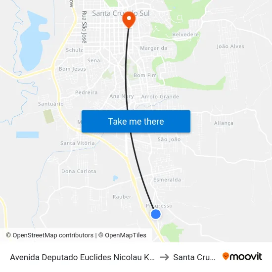 Avenida Deputado Euclides Nicolau Kliemann, 3306-3378 to Santa Cruz do Sul map