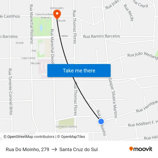 Rua Do Moinho, 279 to Santa Cruz do Sul map