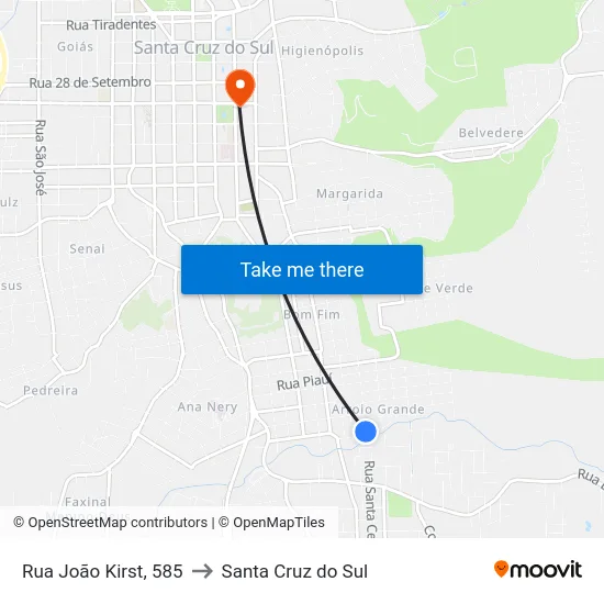 Rua João Kirst, 585 to Santa Cruz do Sul map
