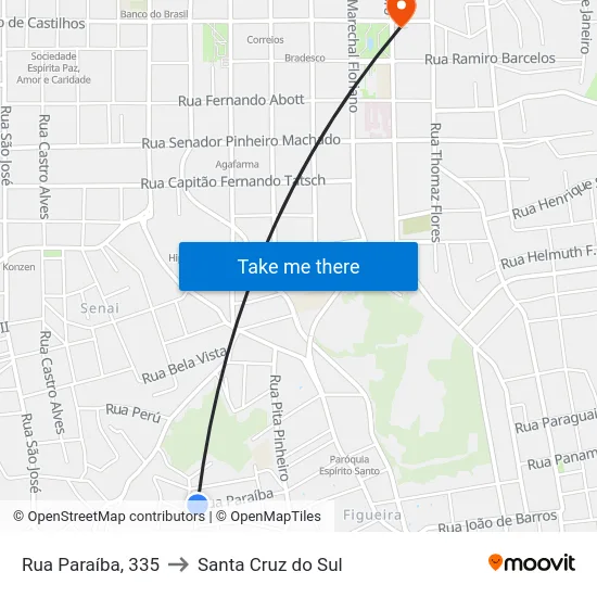 Rua Paraíba, 335 to Santa Cruz do Sul map
