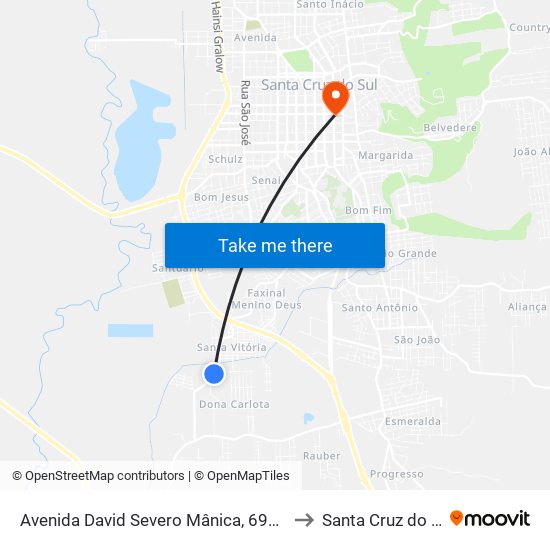 Avenida David Severo Mânica, 693-859 to Santa Cruz do Sul map