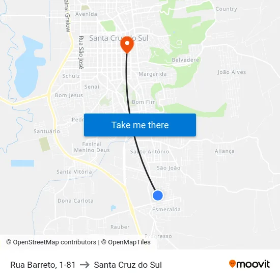 Rua Barreto, 1-81 to Santa Cruz do Sul map