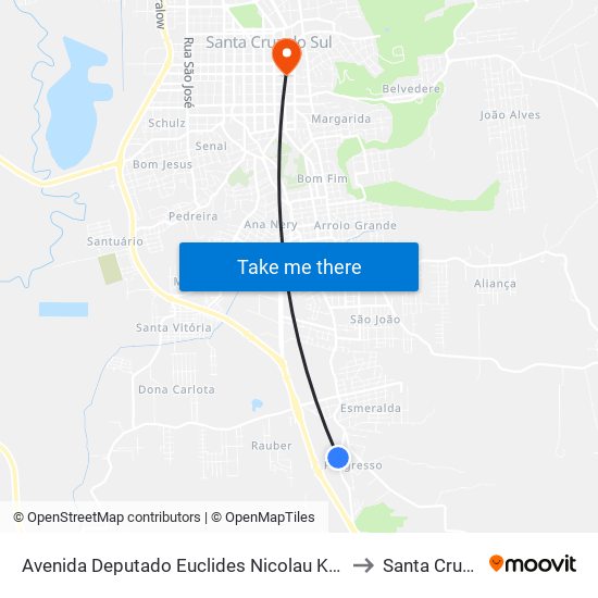Avenida Deputado Euclides Nicolau Kliemann, 2912-3070 to Santa Cruz do Sul map