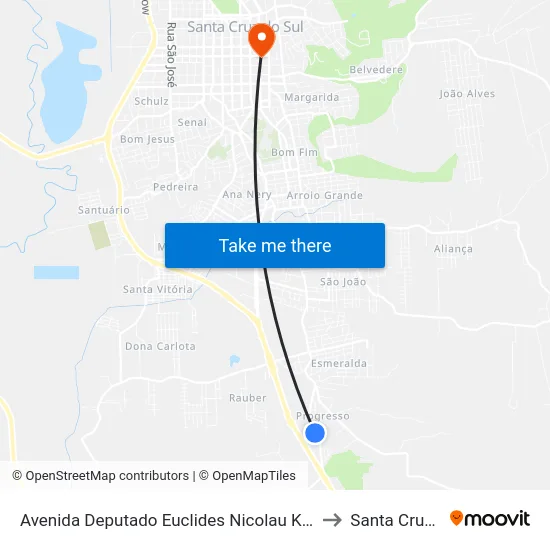 Avenida Deputado Euclides Nicolau Kliemann, 3306-3378 to Santa Cruz do Sul map