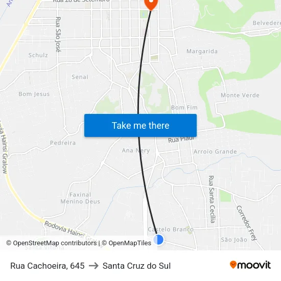 Rua Cachoeira, 645 to Santa Cruz do Sul map