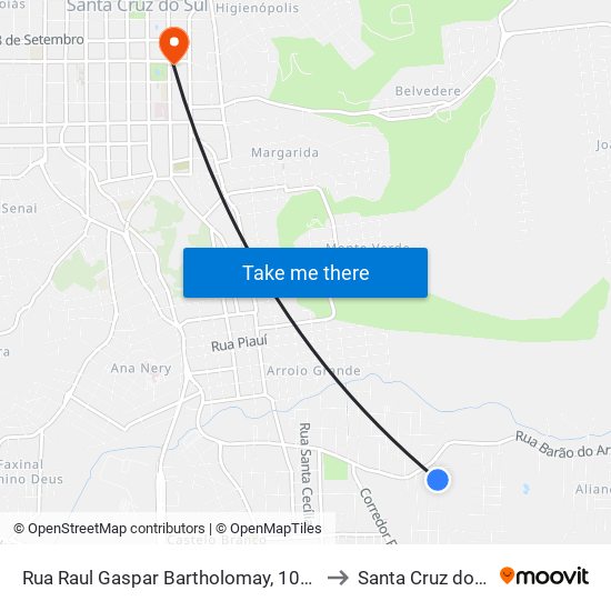 Rua Raul Gaspar Bartholomay, 104-142 to Santa Cruz do Sul map