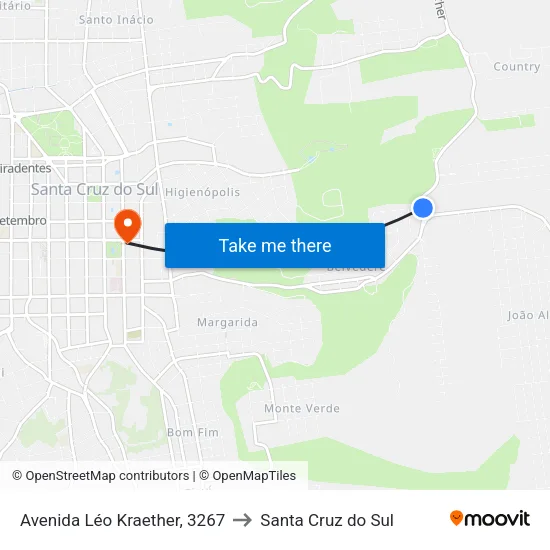 Avenida Léo Kraether, 3267 to Santa Cruz do Sul map