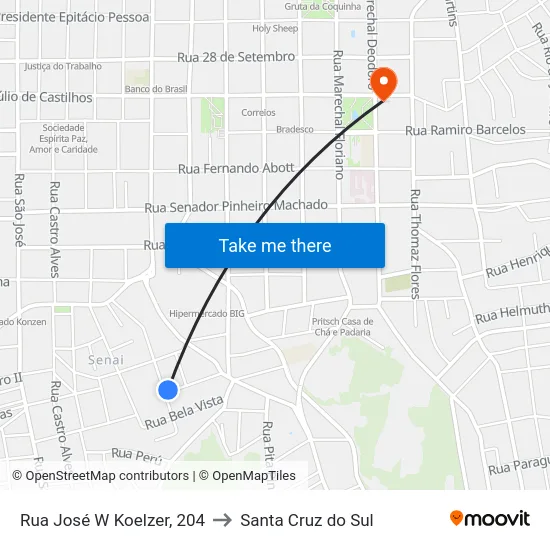 Rua José W Koelzer, 204 to Santa Cruz do Sul map