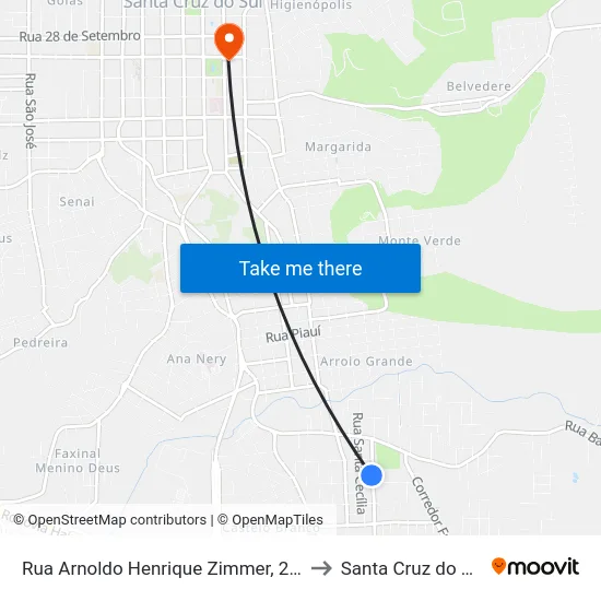 Rua Arnoldo Henrique Zimmer, 215 to Santa Cruz do Sul map