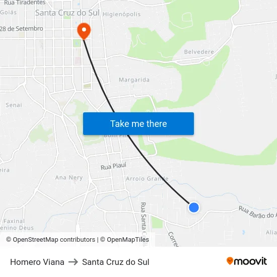 Homero Viana to Santa Cruz do Sul map